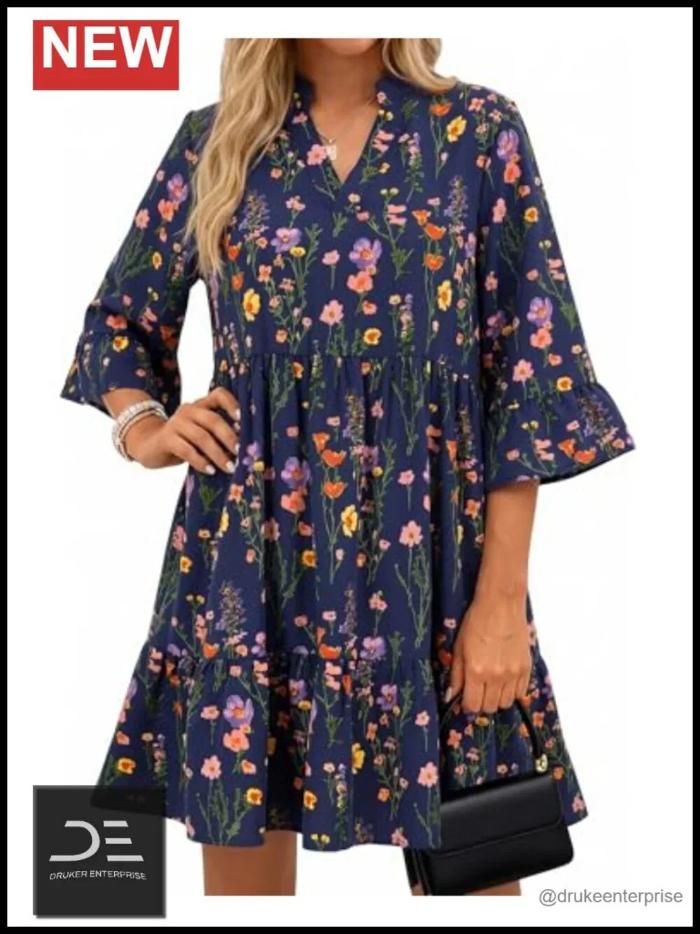 Casual Summer Dress with Pockets 3/4 Ruffle Sleeve V-Neck Flowy A-Line Mini